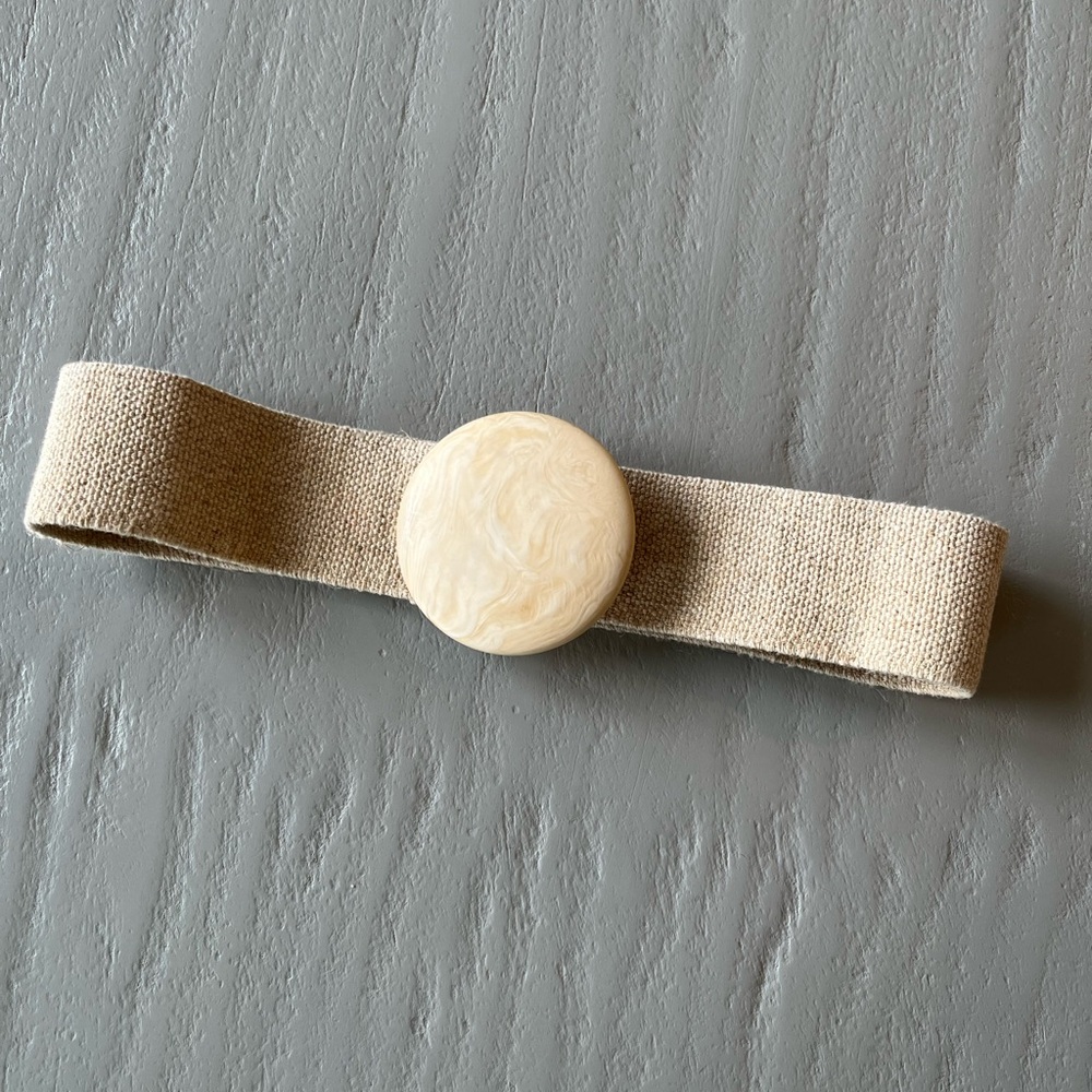 Vintage Ivory Lucite Buckle Stretch Belt Neutral Elastic Waist Belt 90s - Picture 2 of 4